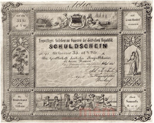 Schuldschein zu Gunsten der deutschen Republik, signiert von Johann Philipp Becker