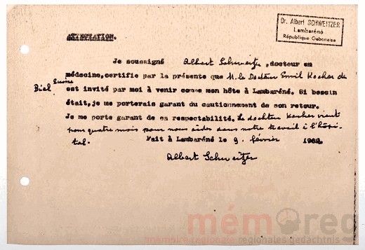 L'invitation écrite par Albert Schweitzer, pour le docteur Emil Kocher, en 1962