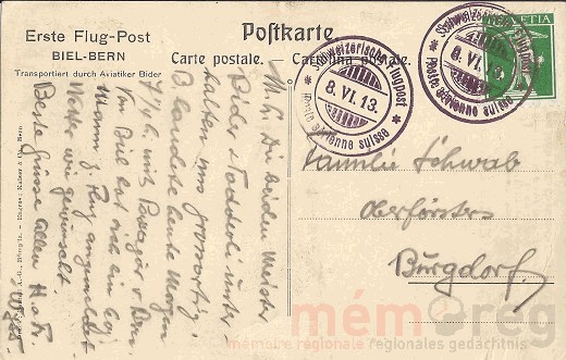 Erste Flugpost Biel-Bern, 1913