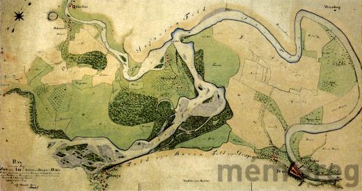 Der Aarelauf vor der Juragewässerkorrektion, um 1850. Später entstand daraus des Häftli.