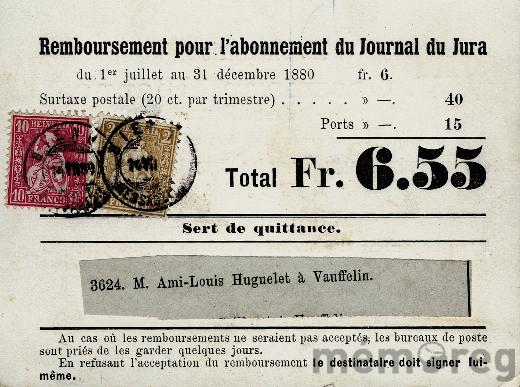Rechnung für das «Journal du Jura», 1880